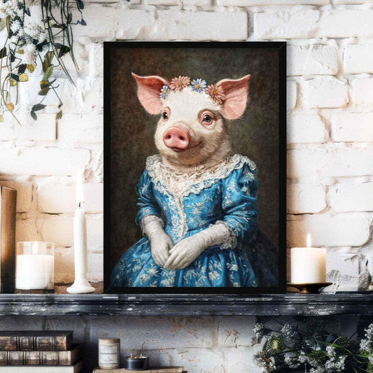 Pig Queen Portrait in Black Frame by Vintage Panda Designs