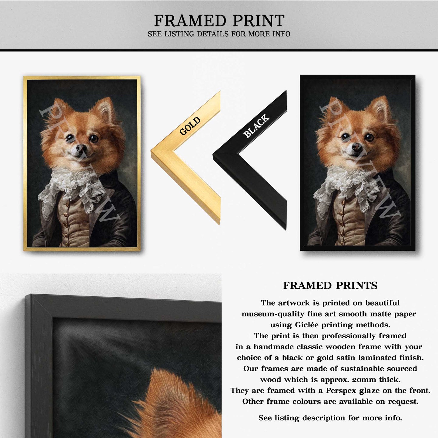 Custom Pet Portrait Wall Art Framed Print Options by Vintage Panda Designs 