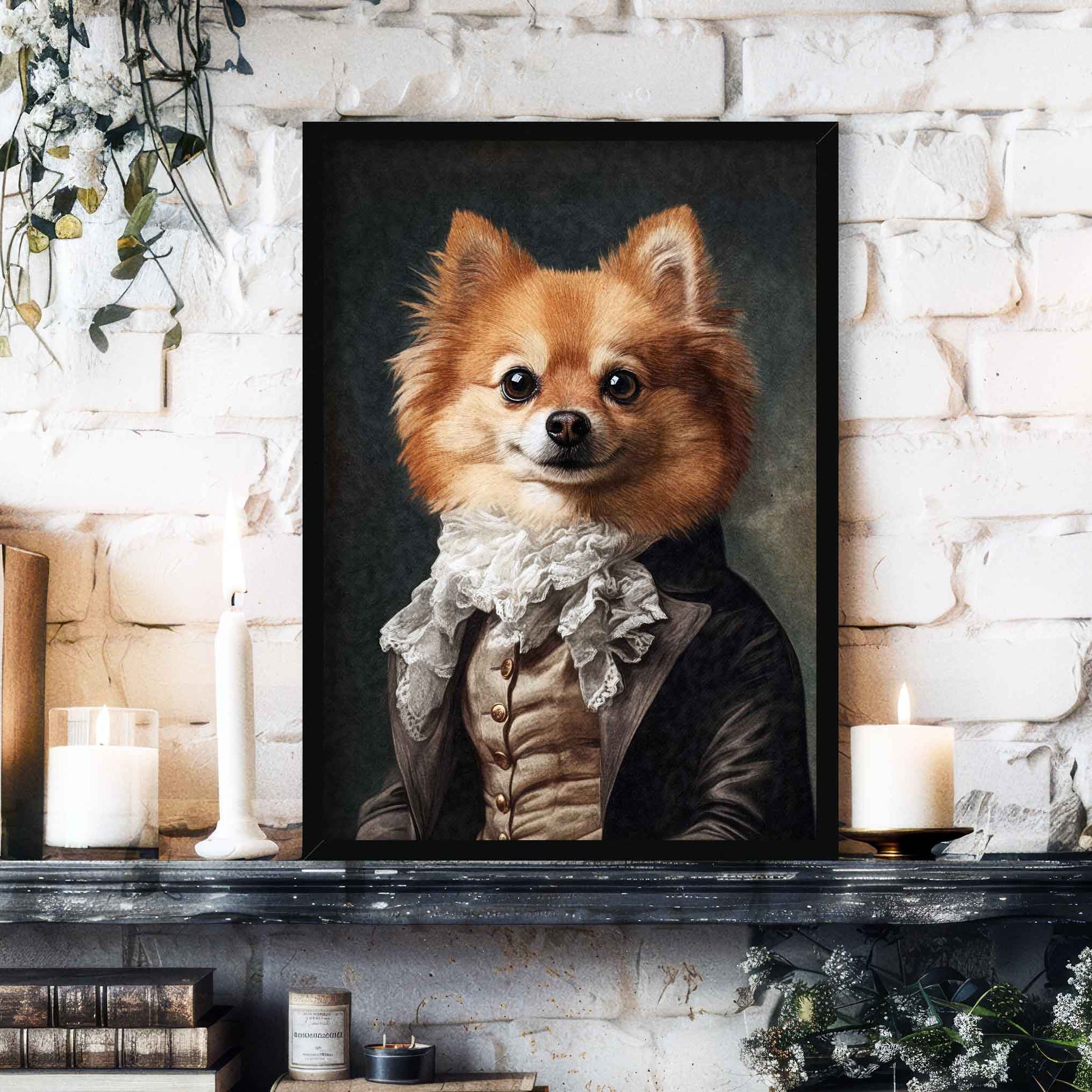 Pomeranian Dog Gentleman Wall Art Print in Black Frame by Vintage Panda Designs