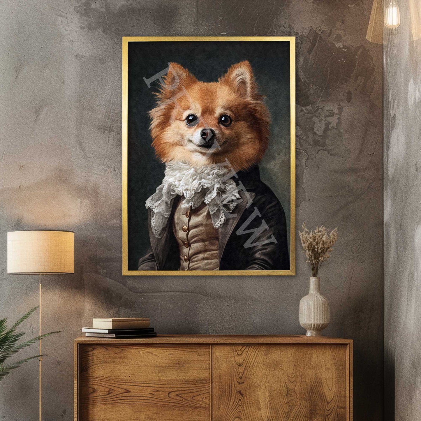 Pomeranian Dog Gentleman Wall Art Print in Gold Frame by Vintage Panda Designs