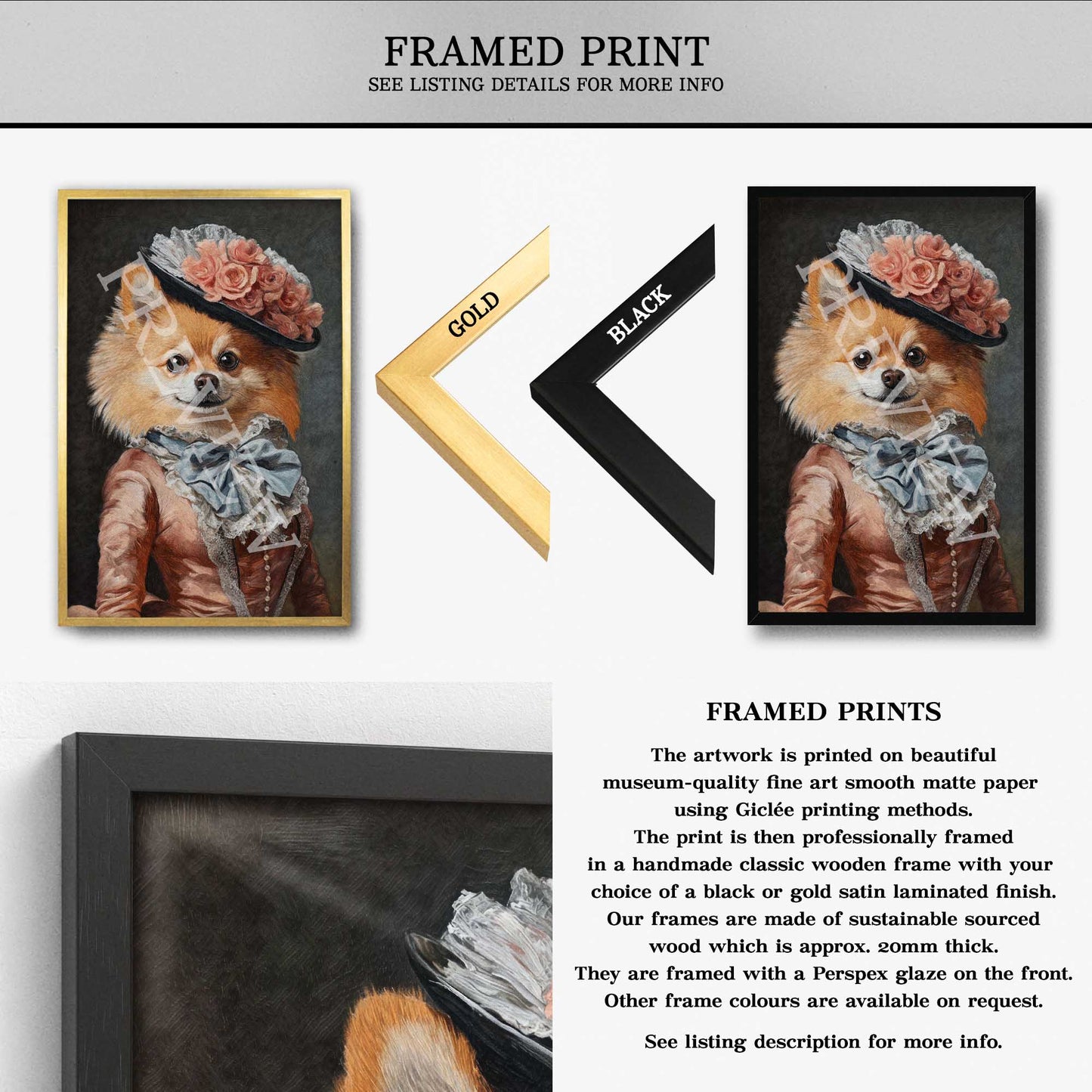 Pomeranian Dog Lady Wall Art Framed Print by Vintage Panda Designs