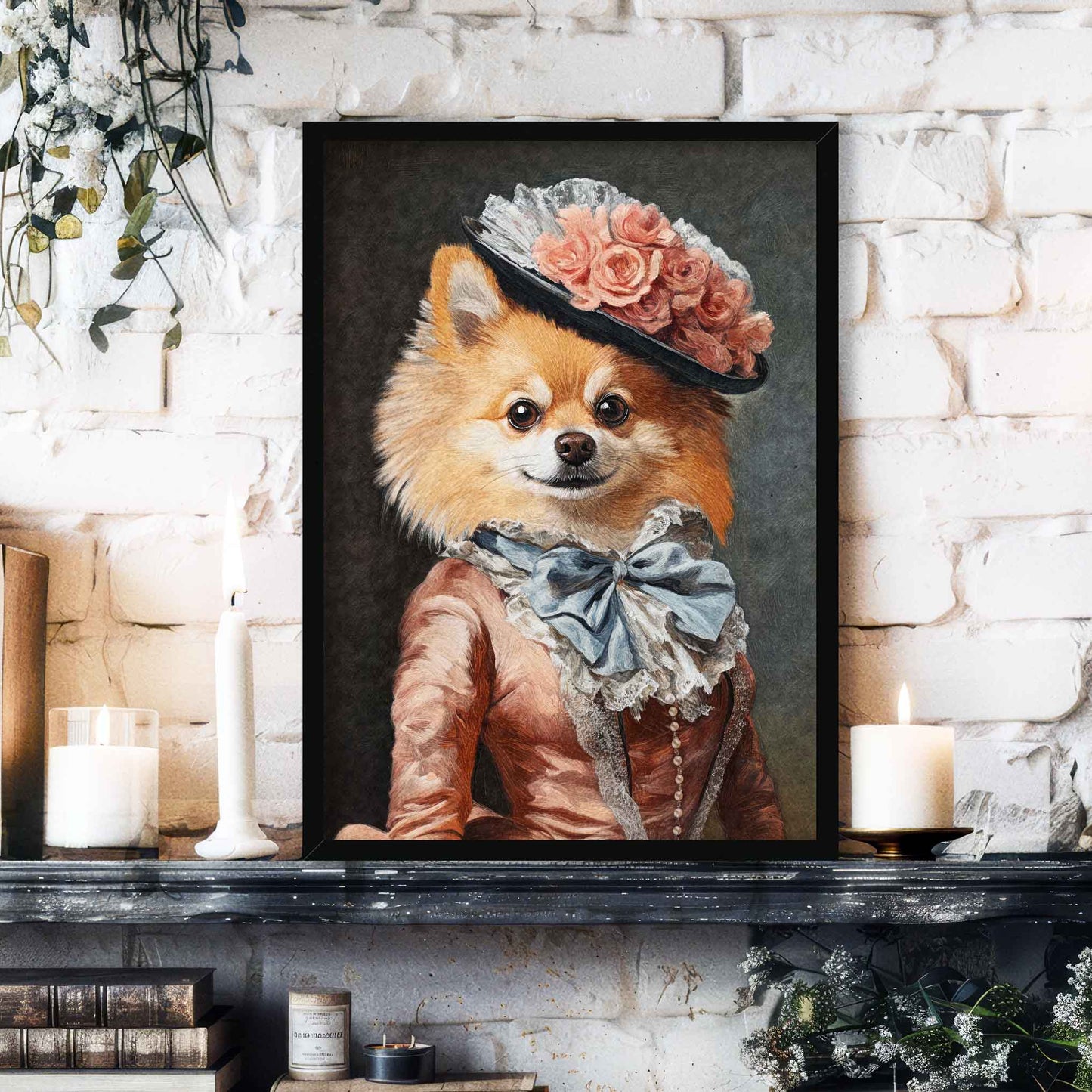 Pomeranian Dog Lady Wall Art Print in Black Frame by Vintage Panda Designs