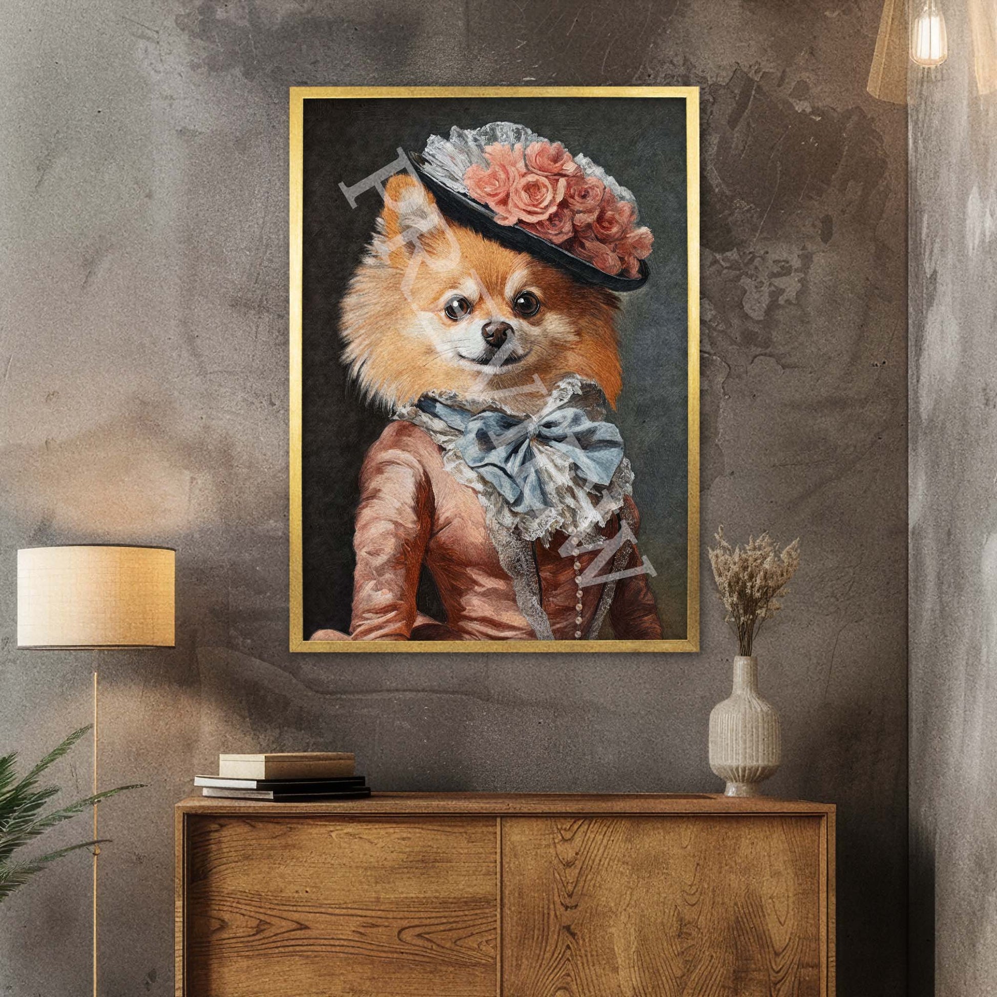 Pomeranian Dog Lady Wall Art Print in Gold Frame by Vintage Panda Designs