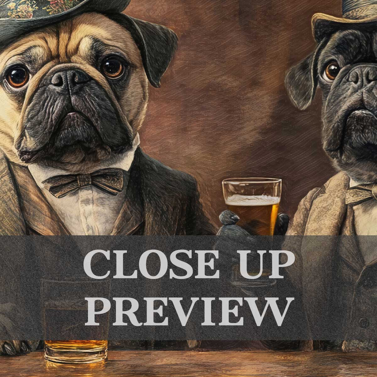 Pugs in Pub Wall Art Print Close Up by Vintage Panda Designs