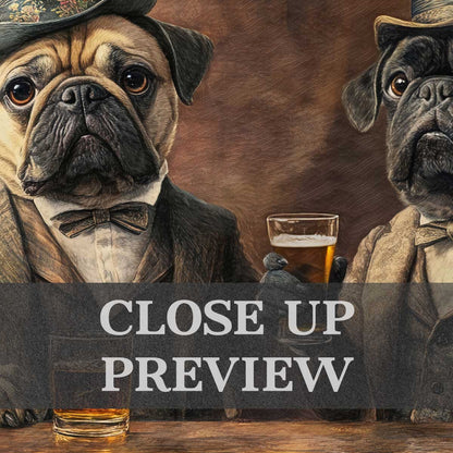 Pugs in Pub Wall Art Print Close Up by Vintage Panda Designs