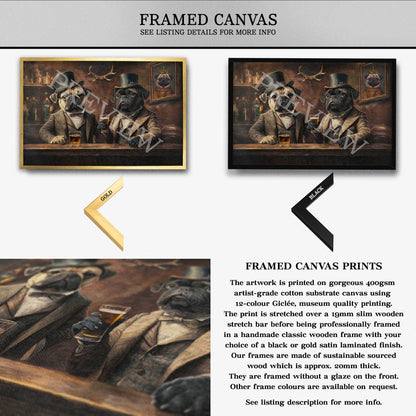 Pugs in Pub Wall Art Print Framed Canvas by Vintage Panda Designs