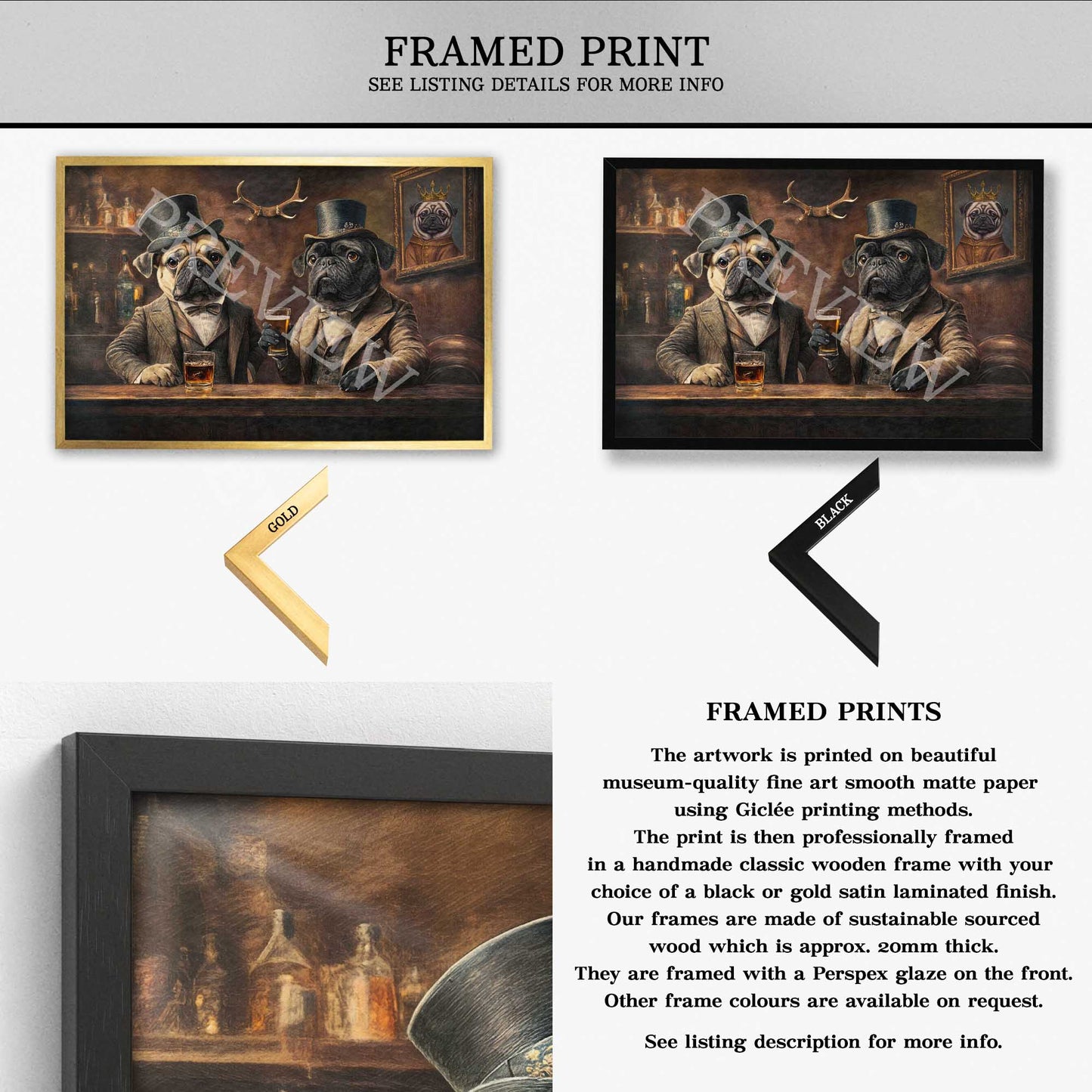 Pugs in Pub Wall Art Print Framed Print by Vintage Panda Designs