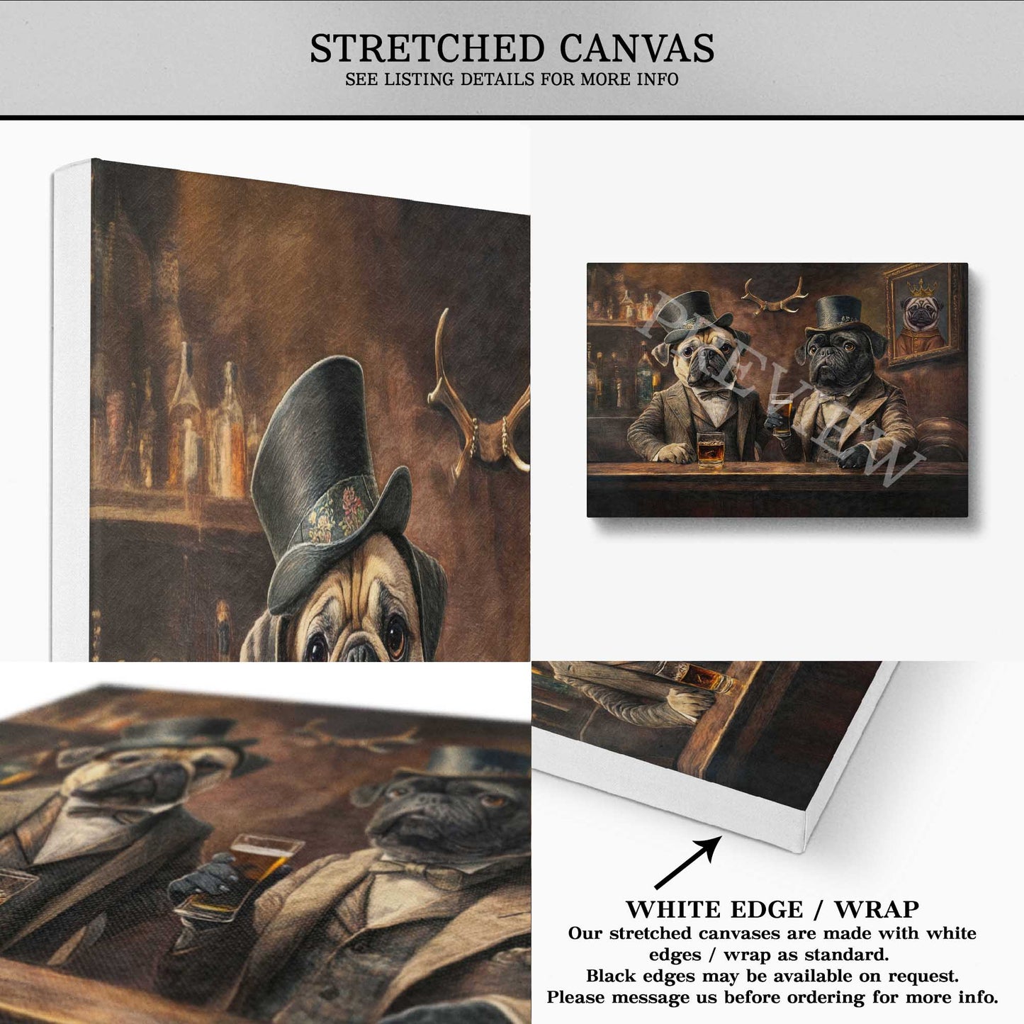 Pugs in Pub Wall Art Print Stretched Canvas by Vintage Panda Designs