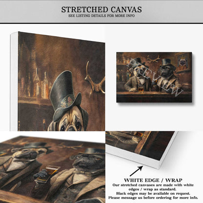 Pugs in Pub Wall Art Print Stretched Canvas by Vintage Panda Designs
