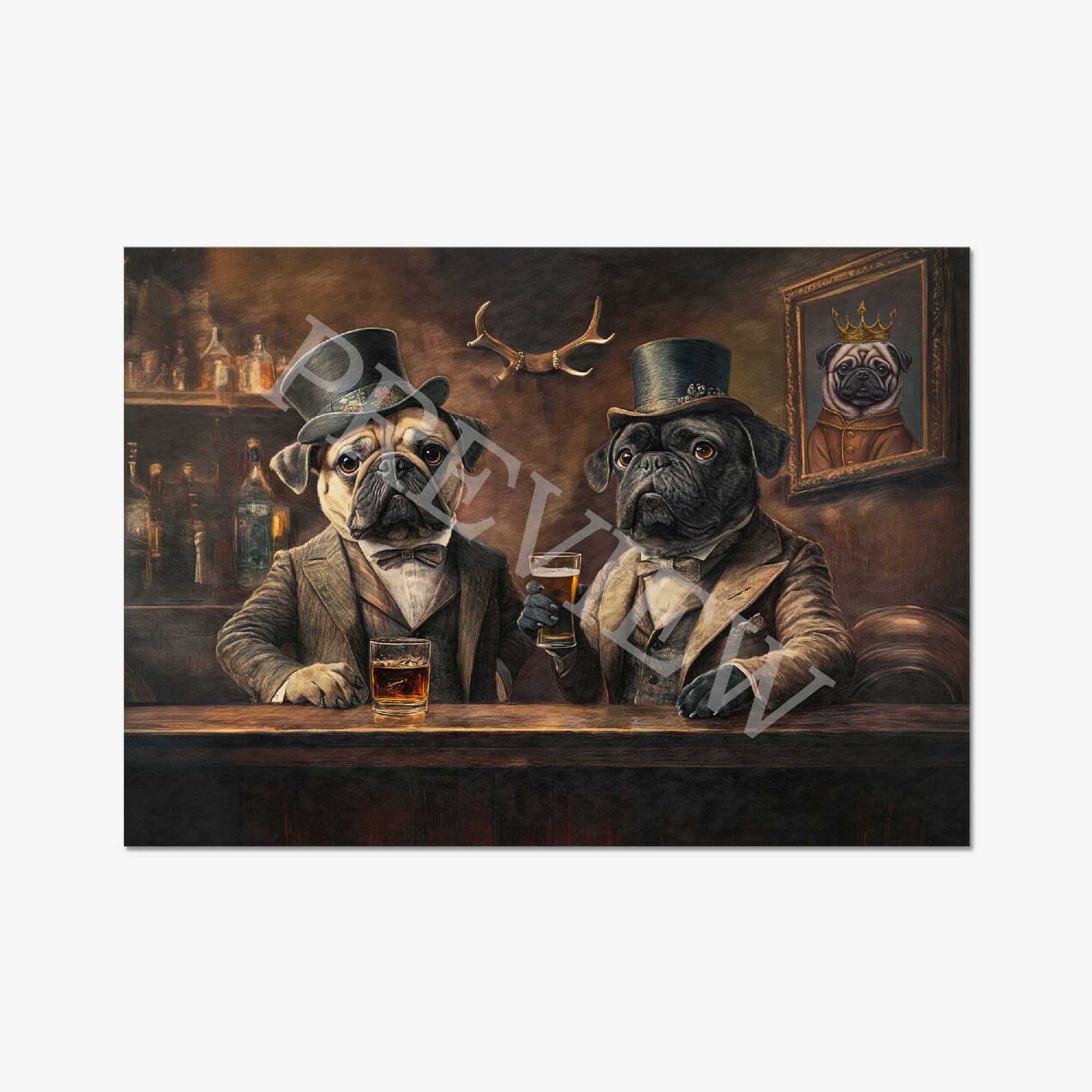 Pugs in Pub Wall Art Print by Vintage Panda Designs