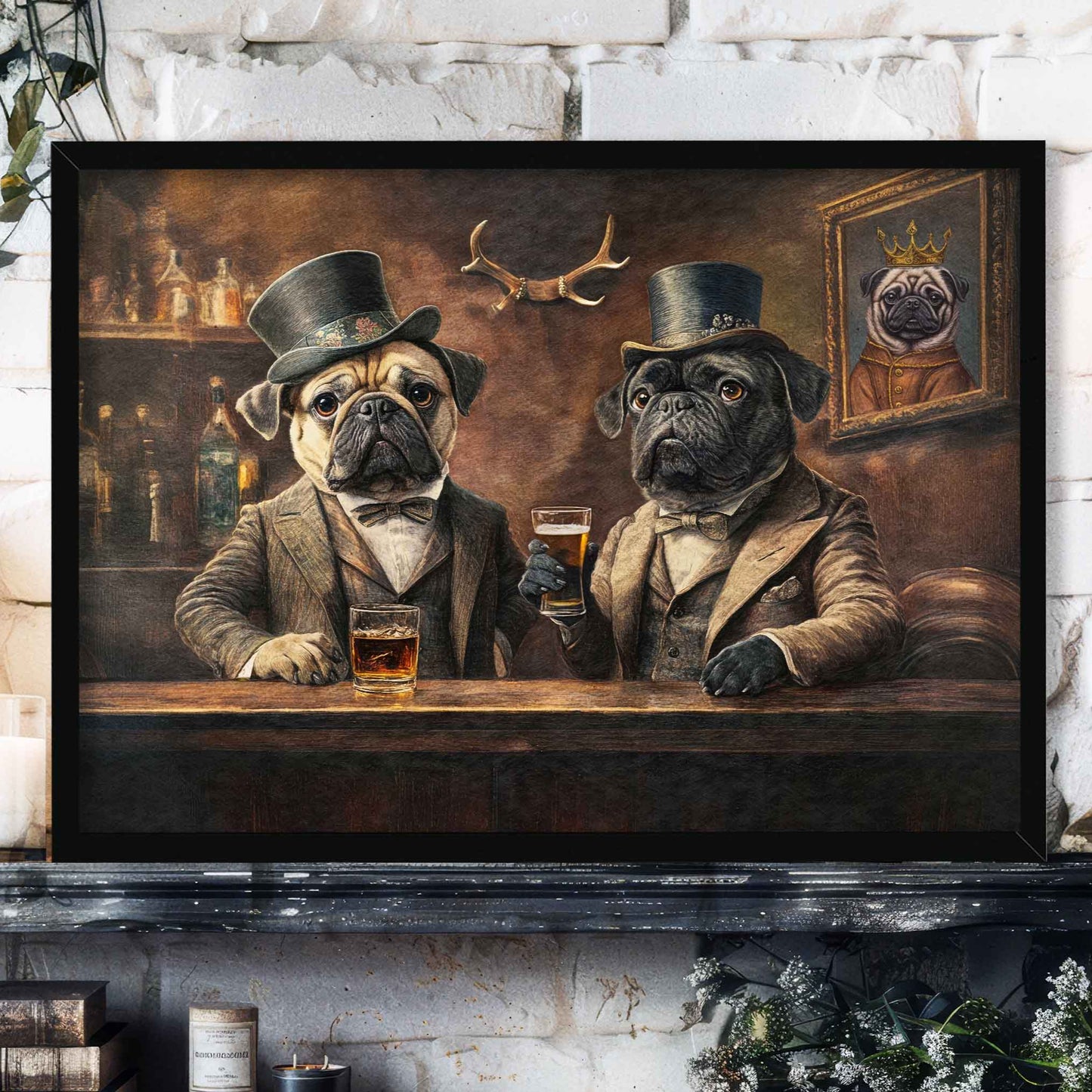 Pugs in Pub Wall Art Print in Black Frame by Vintage Panda Designs