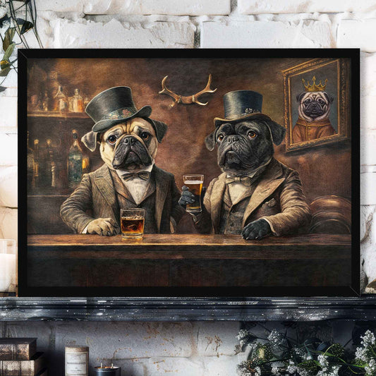 Pugs in Pub Wall Art Print in Black Frame by Vintage Panda Designs