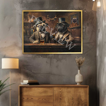 Pugs in Pub Wall Art Print in Gold Frame by Vintage Panda Designs