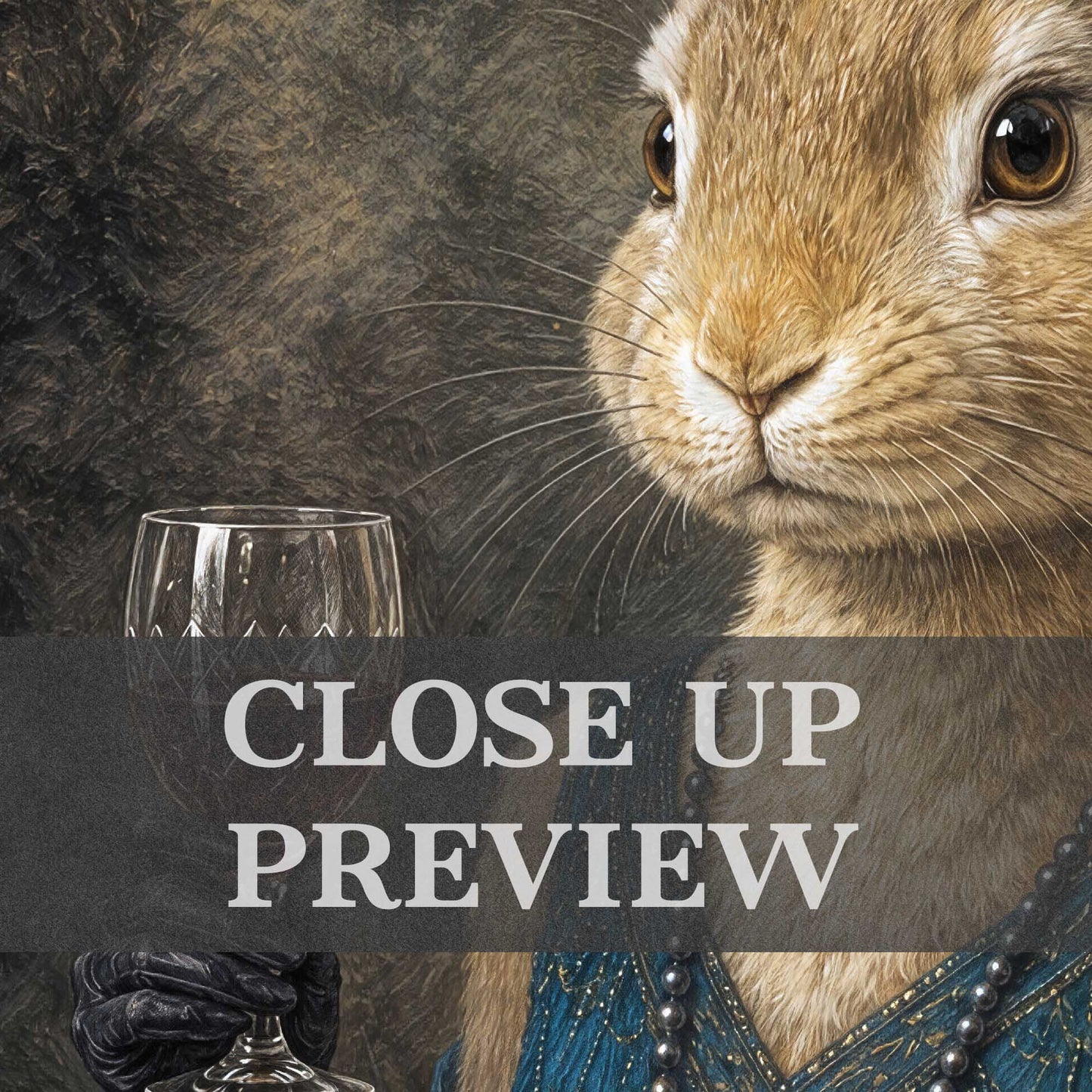 A close-up preview of a rabbit portrait with a wine glass 