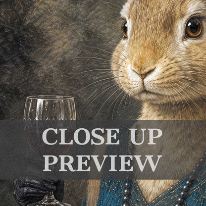 A close-up preview of a rabbit portrait with a wine glass 
