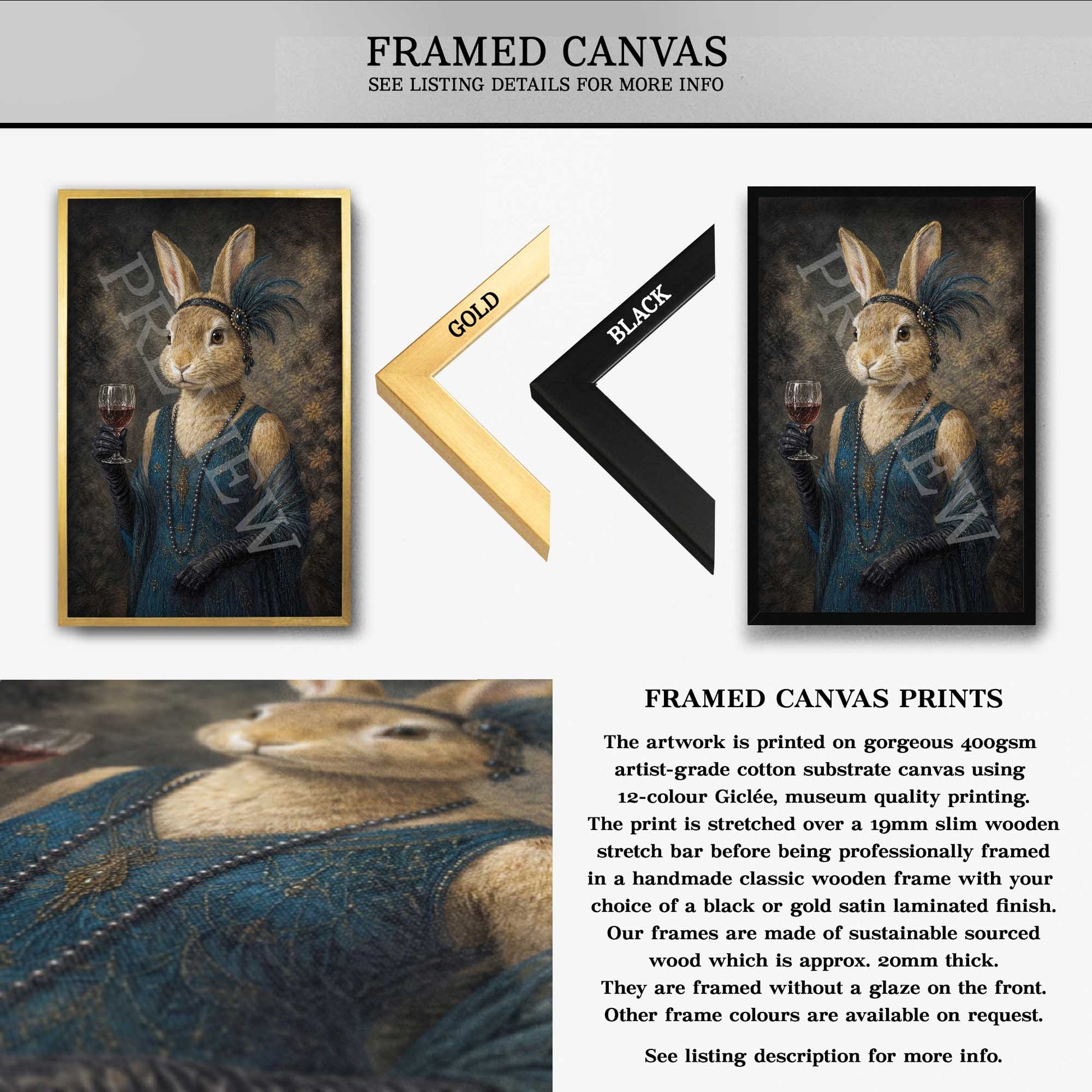 A framed canvas art print featuring a stylized portrait of a rabbit dressed in dark clothing and holding a glass, shown on a white background with text describing the product. Two frame options are displayed: a gold frame labeled 'GOLD' and a black frame labeled 'BLACK'.