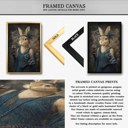 A framed canvas art print featuring a stylized portrait of a rabbit dressed in dark clothing and holding a glass, shown on a white background with text describing the product. Two frame options are displayed: a gold frame labeled 'GOLD' and a black frame labeled 'BLACK'.