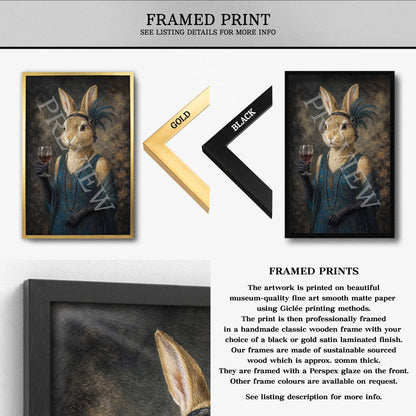 Framed art print featuring a stylized portrait of a rabbit in a blue dress holding a glass, shown with gold and black frame options on a white background with descriptive text.