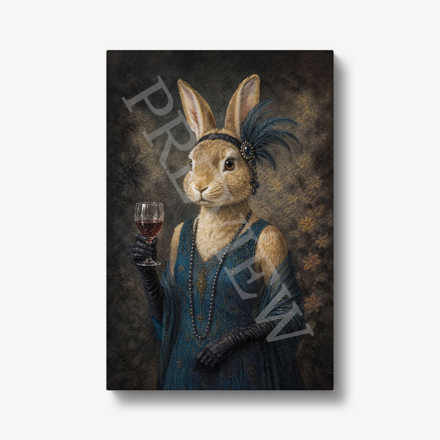 A vertical wall art print featuring a portrait of a rabbit dressed in a 1920s-style blue dress, black gloves, and a feathered headband, holding a glass of red wine. The artwork is shown against a light gray background with a drop shadow.
