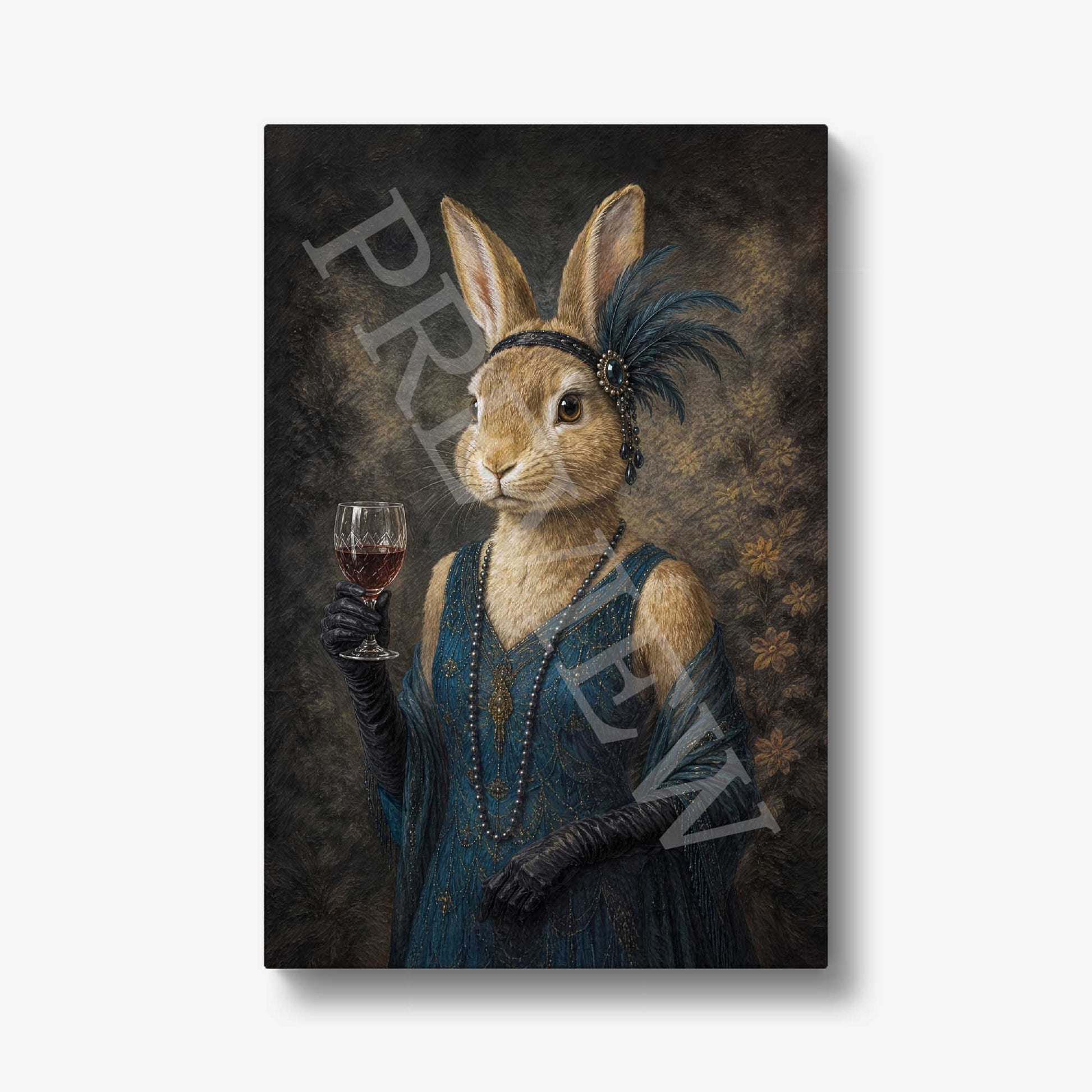 A vertical wall art print featuring a portrait of a rabbit dressed in a 1920s-style blue dress, black gloves, and a feathered headband, holding a glass of red wine. The artwork is shown against a light gray background with a drop shadow.