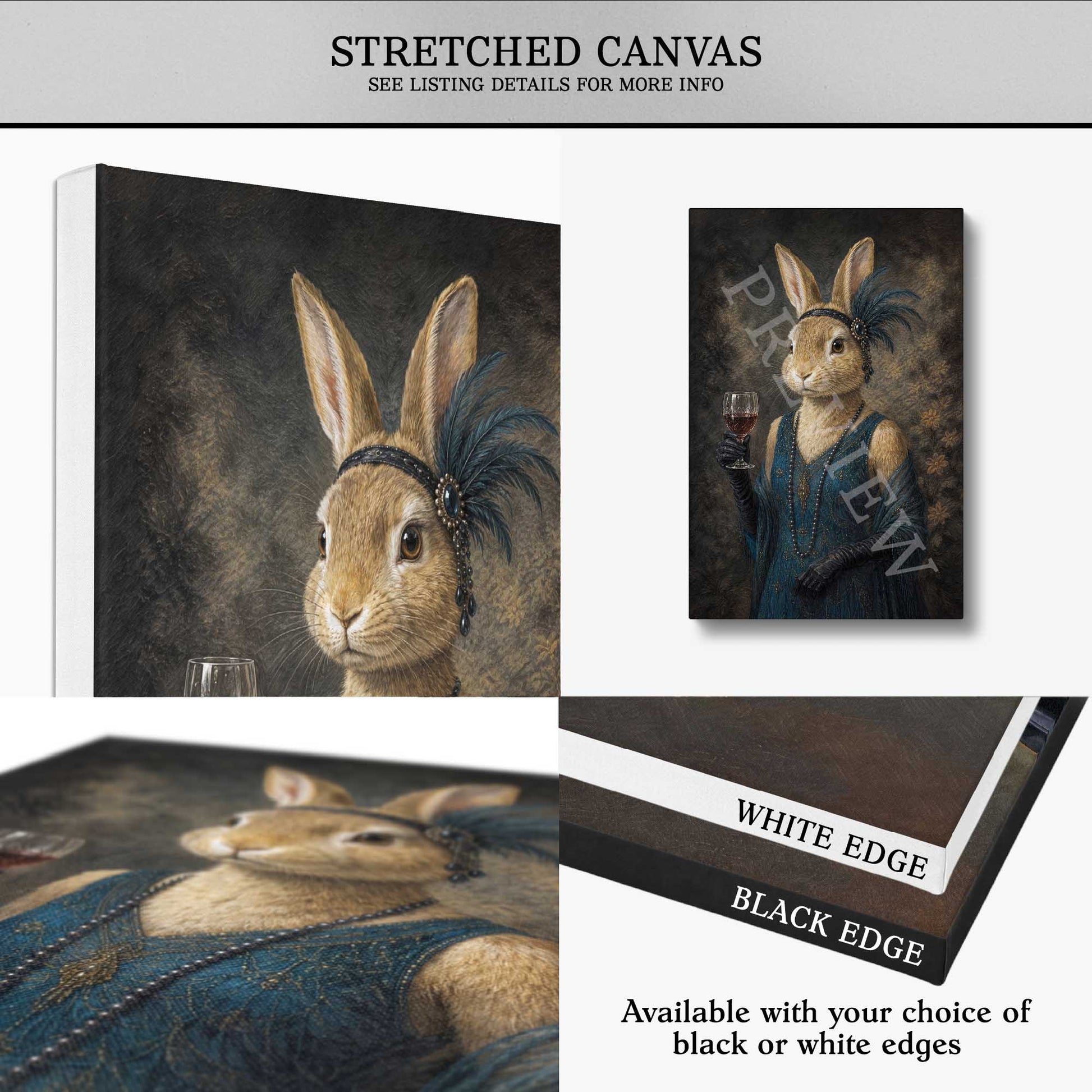 A collage showing a stretched canvas art print featuring a rabbit dressed in a blue Victorian-style dress and feather headband, with text noting stretched canvas format and available black or white edges.