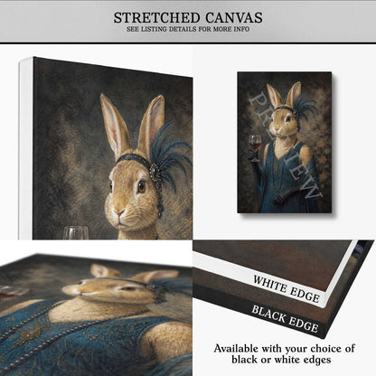 A collage showing a stretched canvas art print featuring a rabbit dressed in a blue Victorian-style dress and feather headband, with text noting stretched canvas format and available black or white edges.