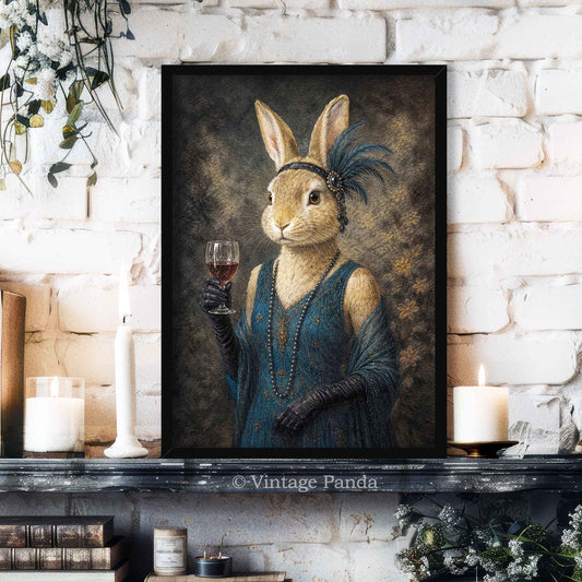A framed art print featuring a vintage-style portrait of a rabbit in a blue dress holding a wine glass, displayed on a dark mantelpiece against a white brick wall with candles and books.