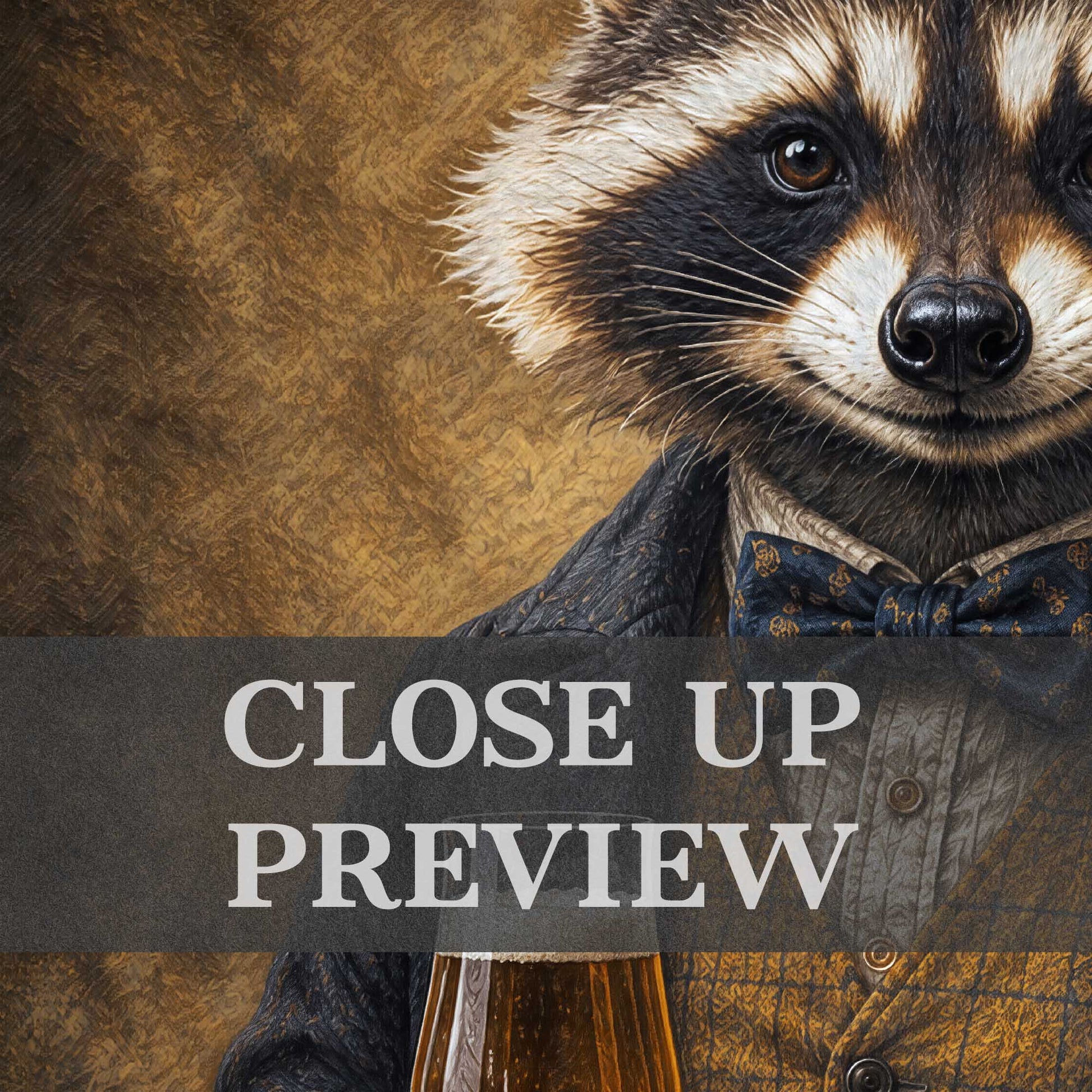 A close-up portrait of a raccoon dressed in a dark jacket, patterned bow tie, and textured vest against a warm brown background, with a semi-transparent banner reading 'CLOSE UP PREVIEW' across the center.