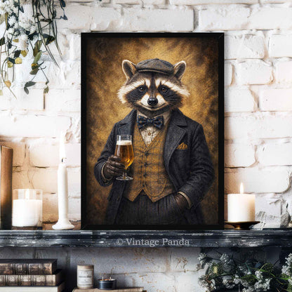 A framed vertical art print depicting a raccoon dressed in a vintage black suit, vest, and bow tie while holding a glass of beer, displayed on a dark mantelpiece against a white brick wall with candles and books.