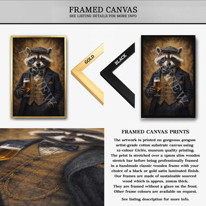 framed canvas art of a raccoon with a glass of beer available in gold or black frame