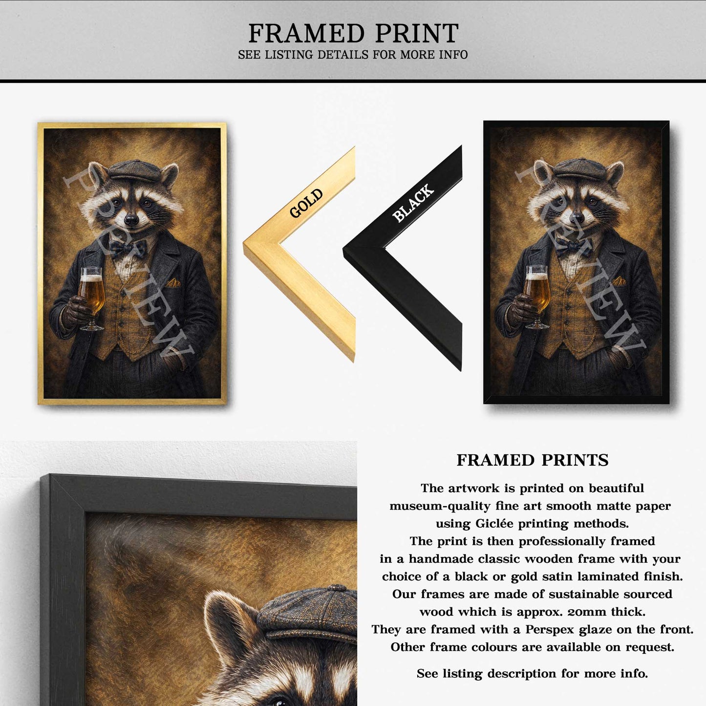 Framed art print featuring a raccoon dressed in a black suit and top hat, holding two glasses of wine. The image shows the framed print, a black and gold frame option, a close-up of the artwork, and descriptive text about the framed prints.