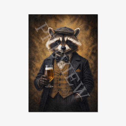 A vertical art print featuring a stylized portrait of a raccoon dressed in a dark suit, vest, bow tie, and flat cap, holding a glass of amber beer against a textured brown background. 