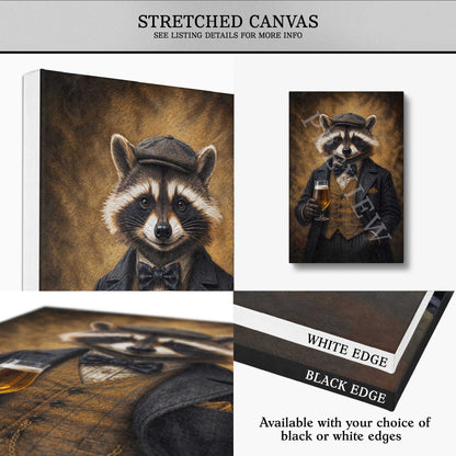 A canvas wall art product shown in a collage layout, featuring a stylized raccoon dressed in a vintage suit and hat on the artwork. The image includes text reading 'STRETCHED CANVAS' and notes about white or black edges, indicating a customizable canvas print listing.