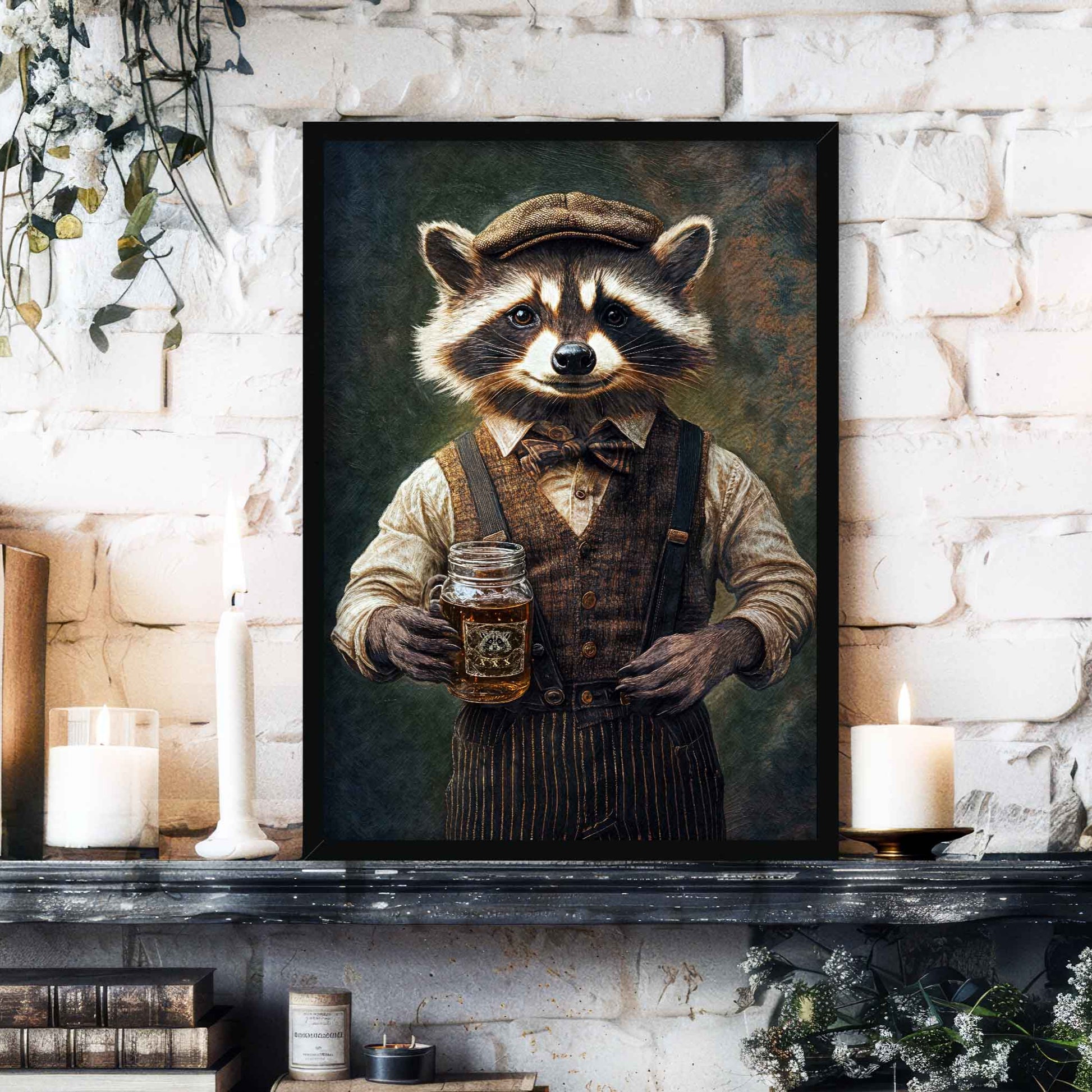 Raccoon Drinking Moonshine Print Black Frame - Vintage Panda Designs