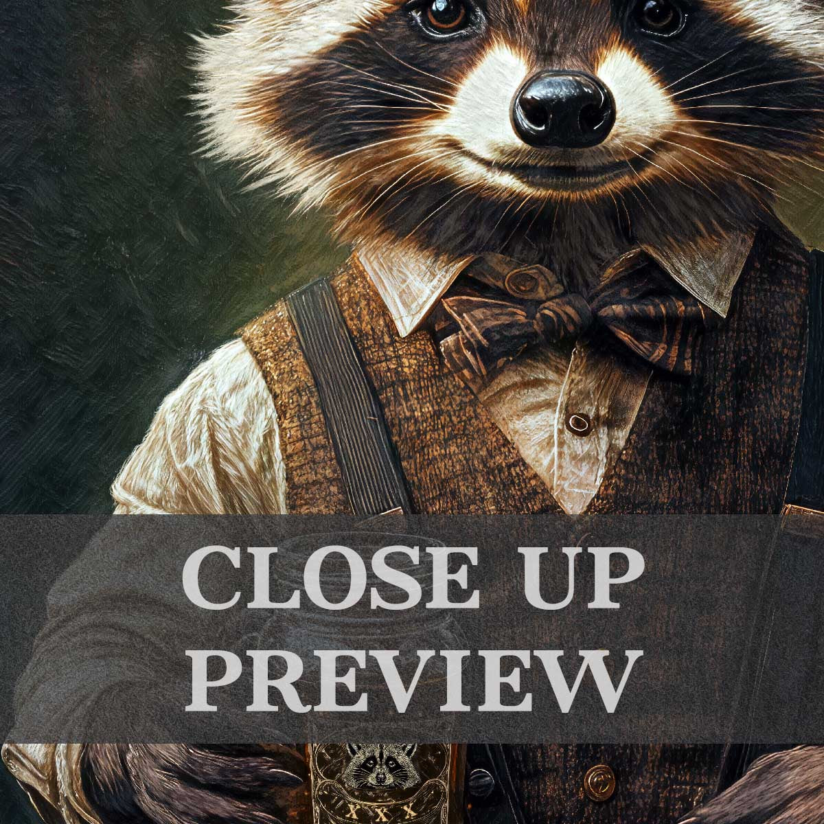Raccoon Drinking Moonshine Print Close Up - Vintage Panda Designs