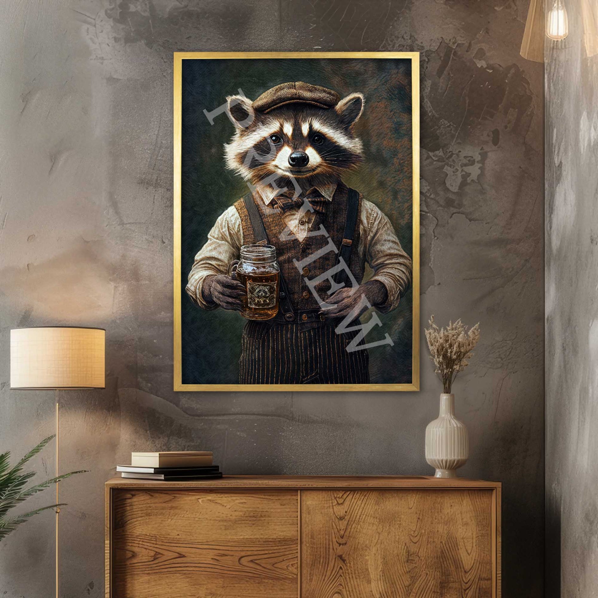 Raccoon Drinking Moonshine Print Gold Frame - Vintage Panda Designs
