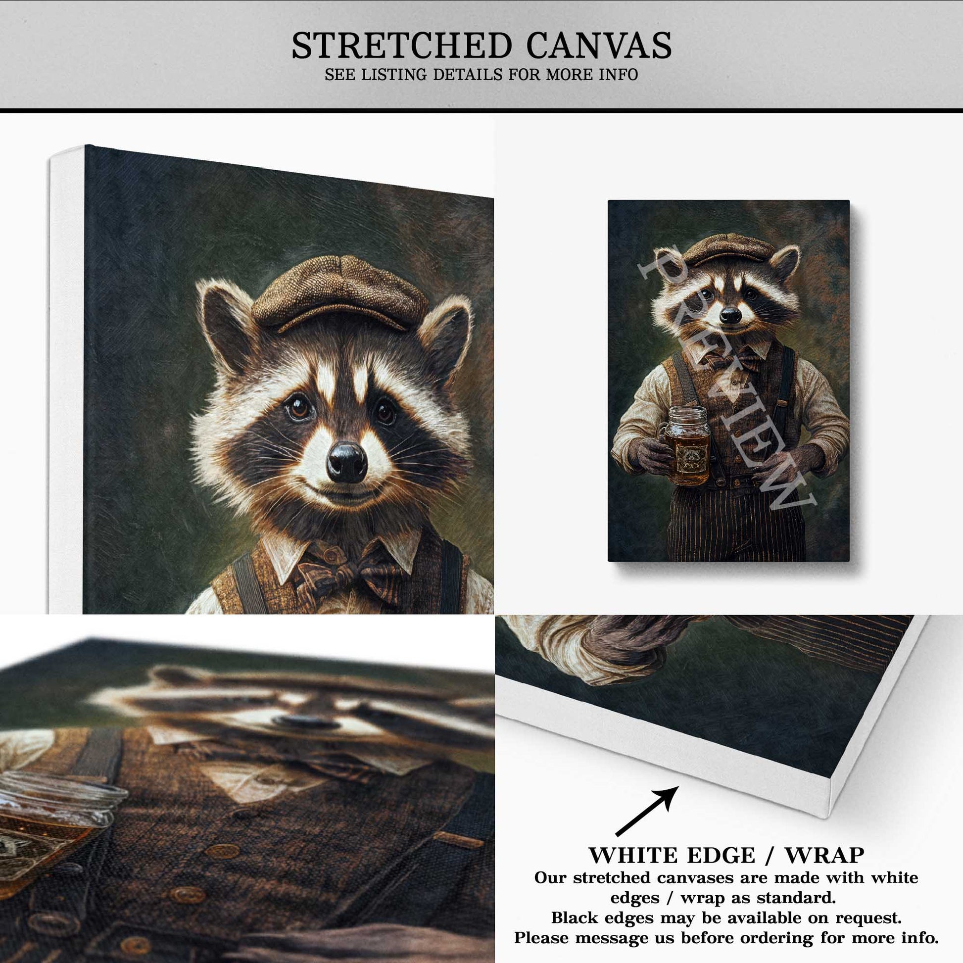 Raccoon Drinking Moonshine Stretched Canvas - Vintage Panda Designs