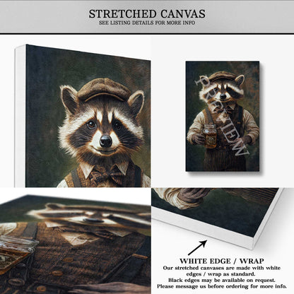 Raccoon Drinking Moonshine Stretched Canvas - Vintage Panda Designs