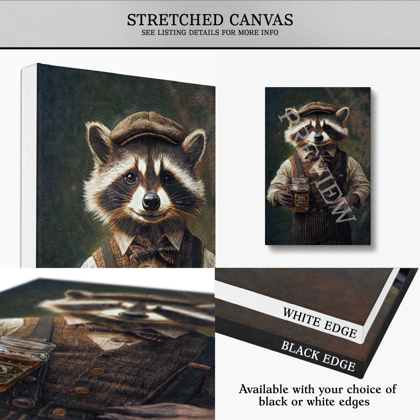 Stretched canvas print of a raccoon drinking moonshine