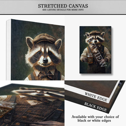 Stretched canvas print of a raccoon drinking moonshine