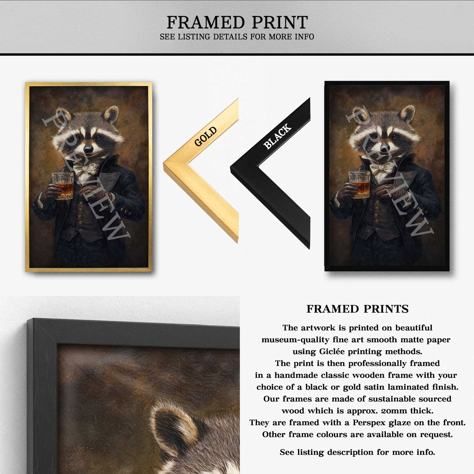 Raccoon Drinking Whisky Framed Print - Vintage Panda Designs