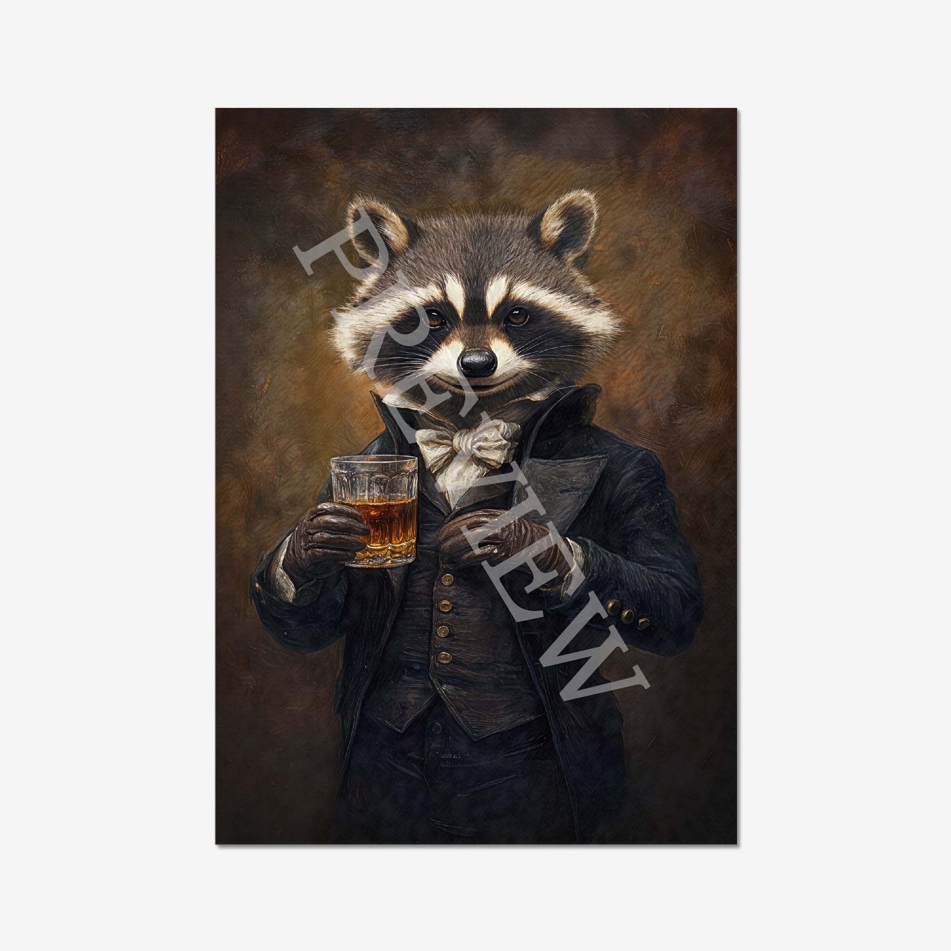 Raccoon Drinking Whisky Print - Vintage Panda Designs