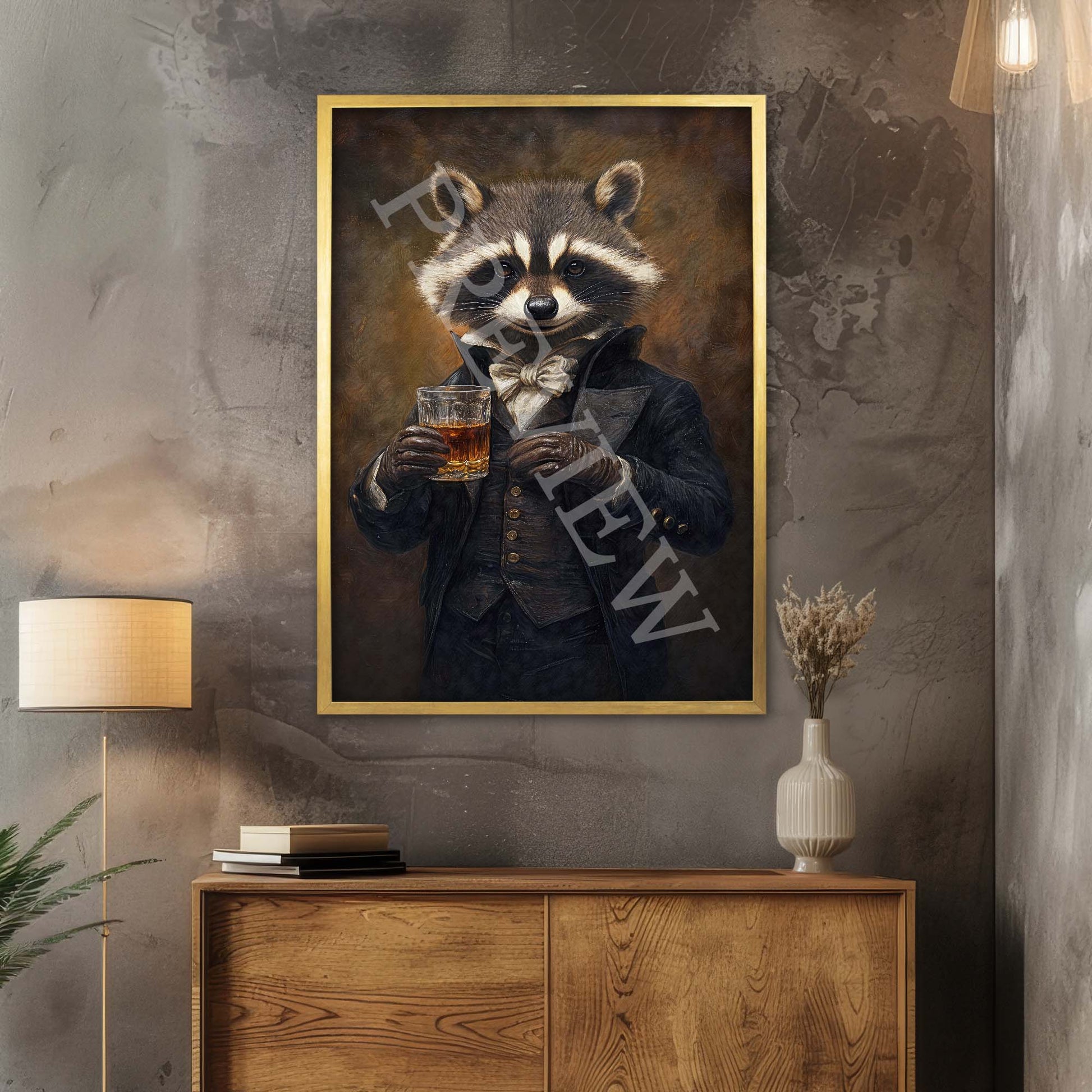Raccoon Drinking Whisky Print Gold Frame - Vintage Panda Designs