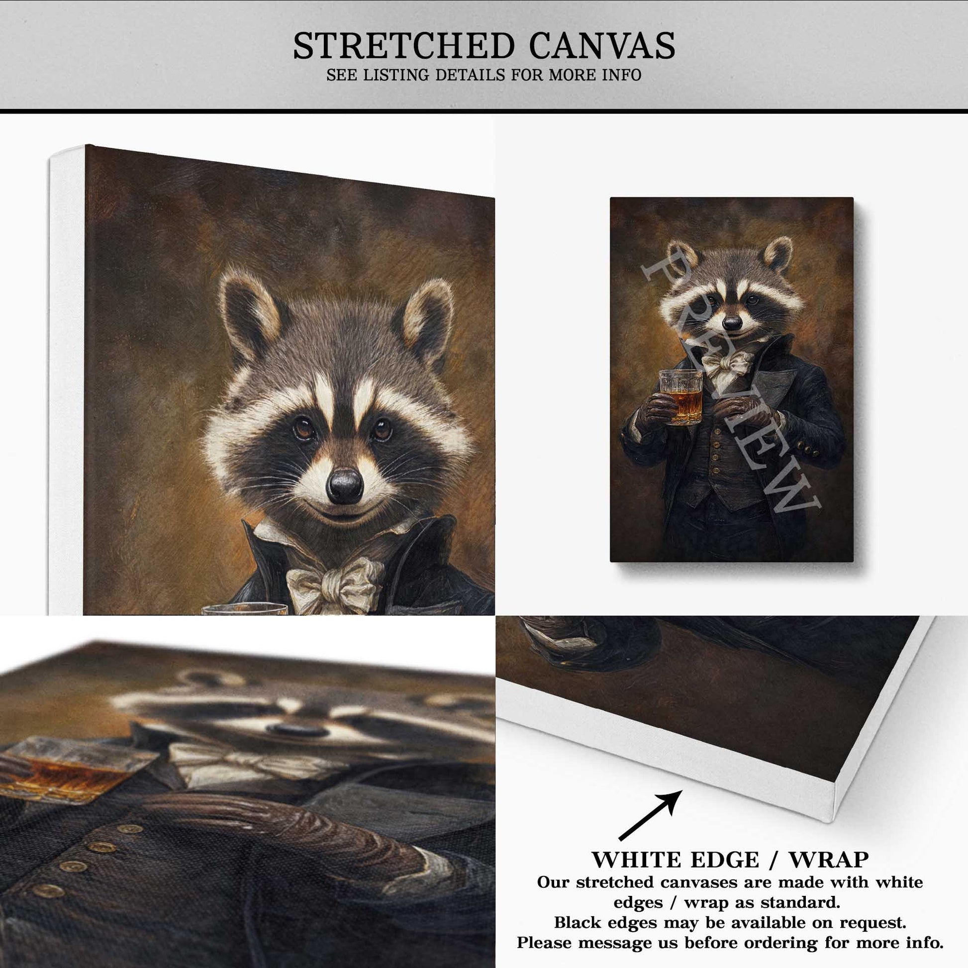 Raccoon Drinking Whisky Stretched Canvas - Vintage Panda Designs