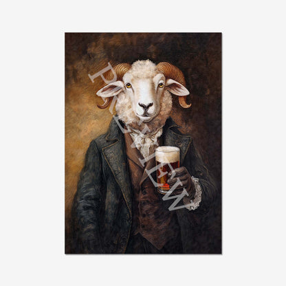 Ram Drinking Pint of Beer Print - Vintage Panda Designs
