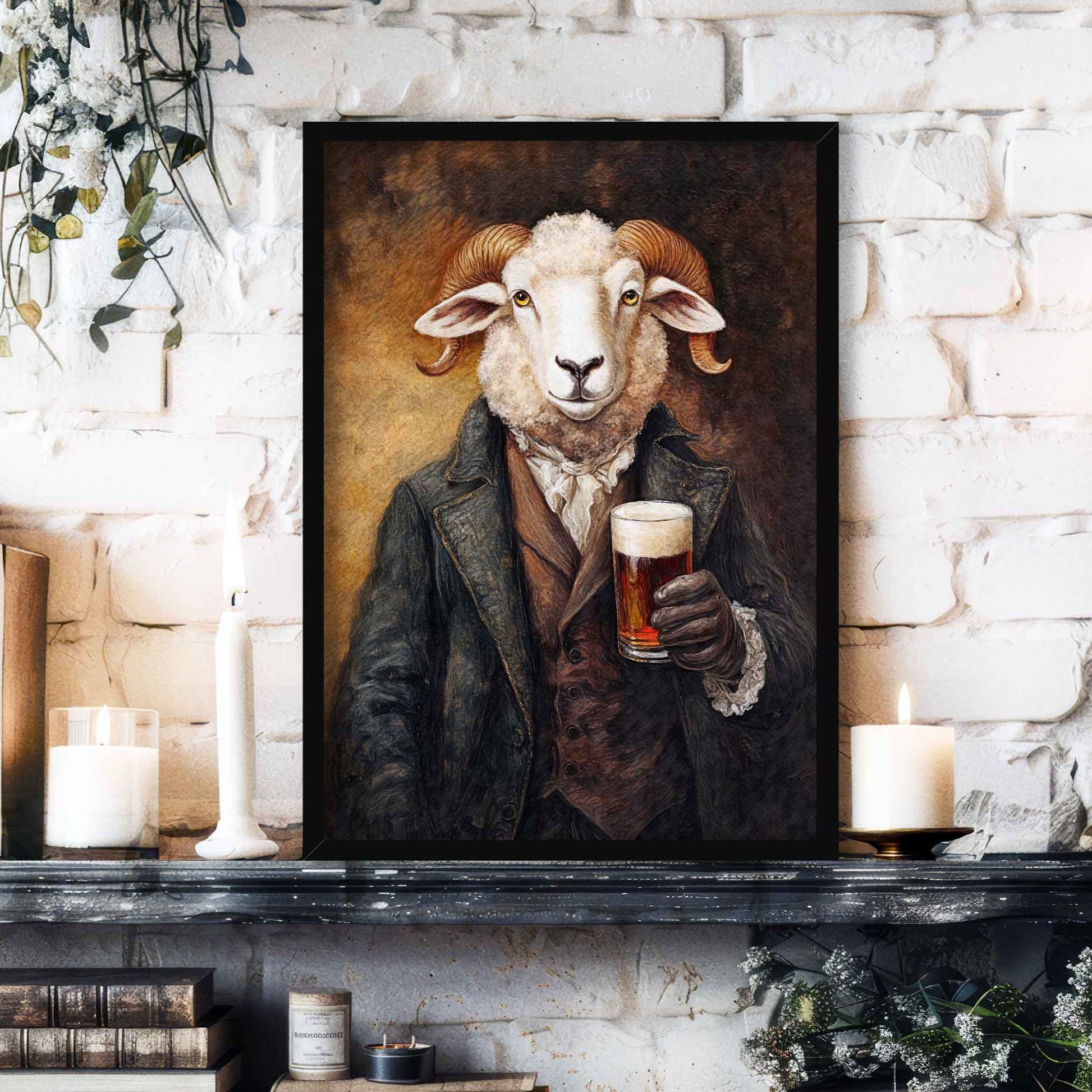 Ram Drinking Pint of Beer Print Black Frame - Vintage Panda Designs