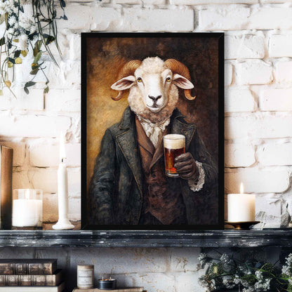 Ram Drinking Pint of Beer Print Black Frame - Vintage Panda Designs