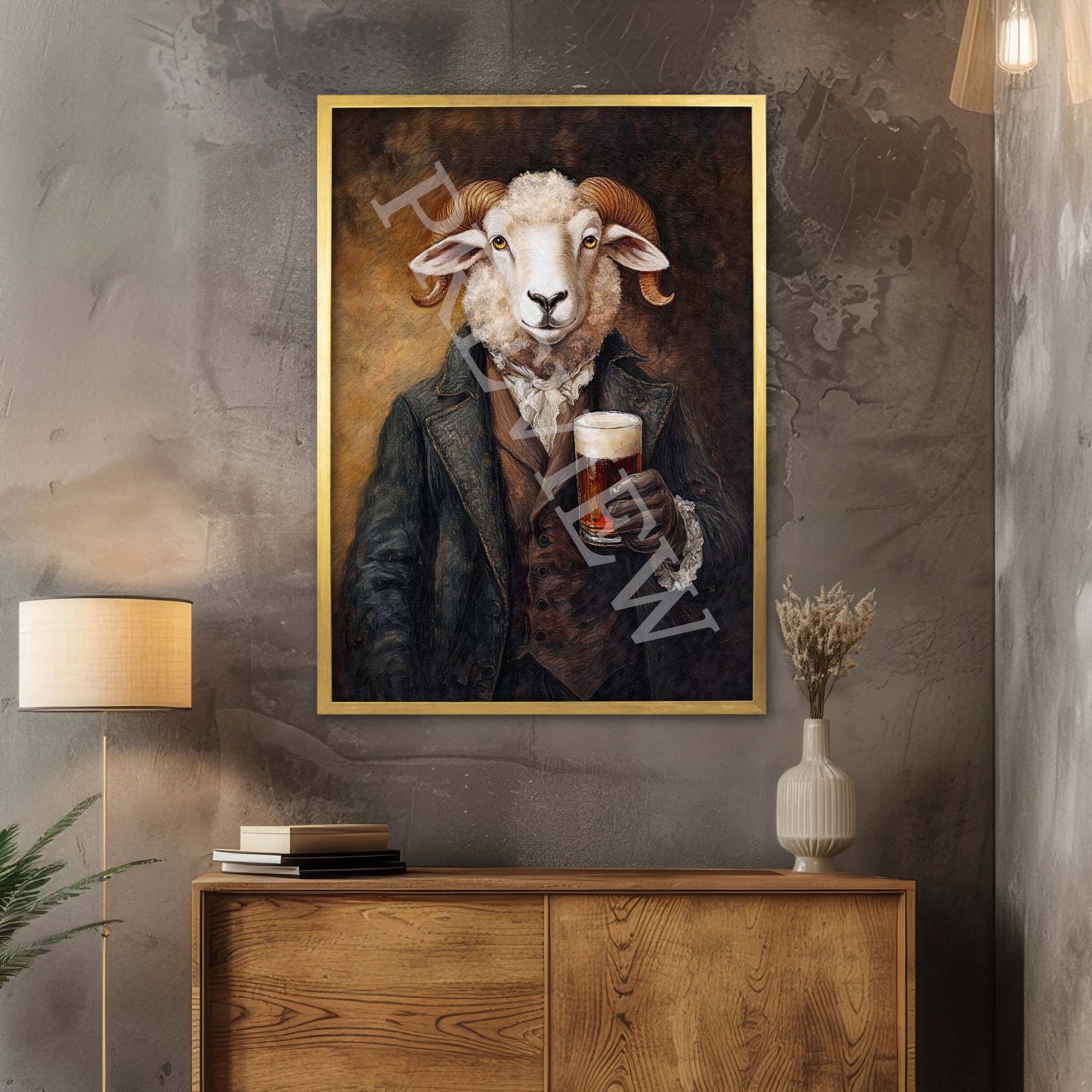 Ram Drinking Pint of Beer Print Gold Frame - Vintage Panda Designs