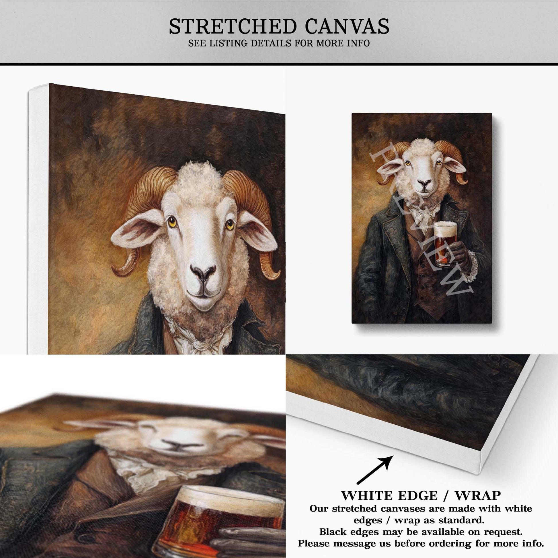 Ram Drinking Pint of Beer Stretched Canvas - Vintage Panda Designs