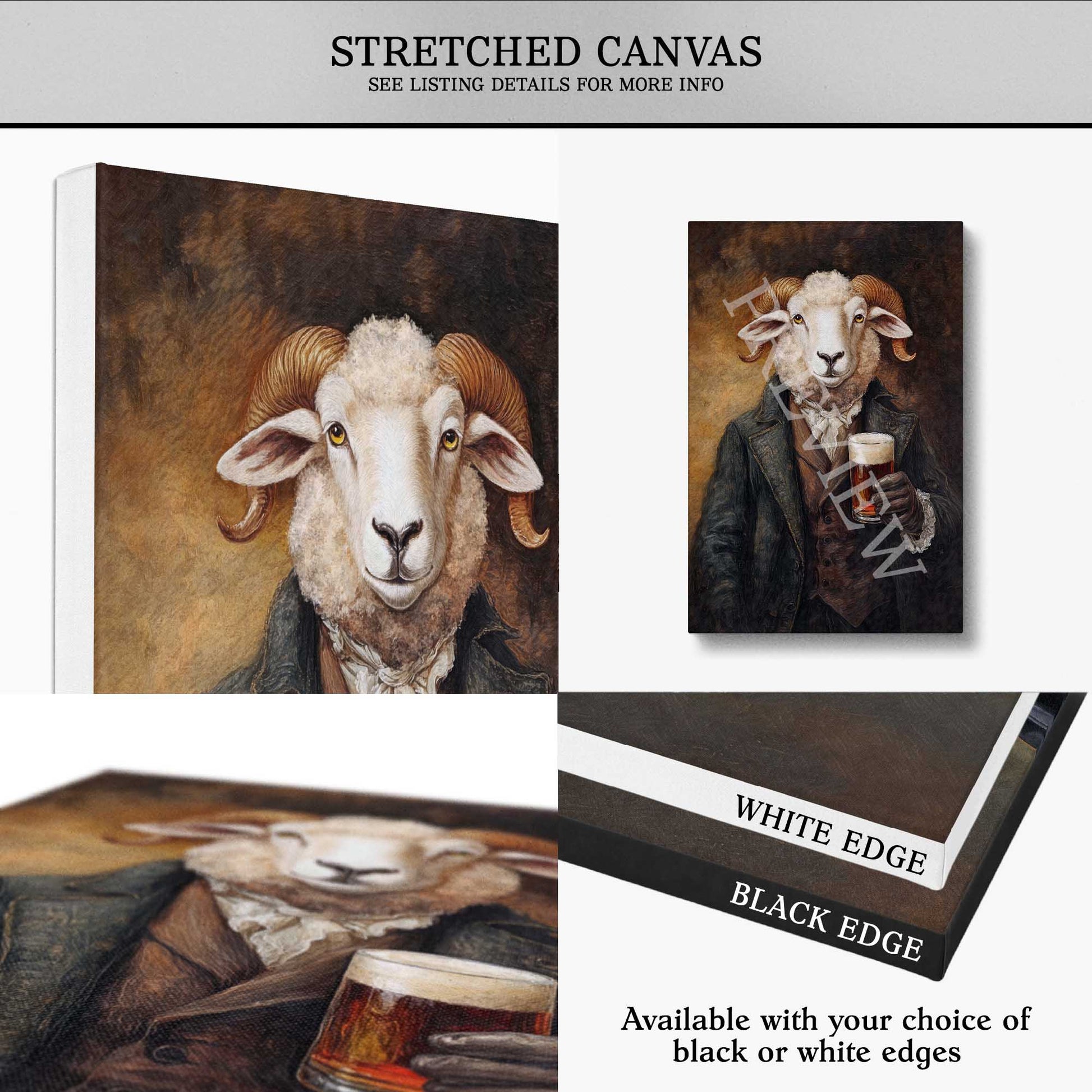 Ram sheep drinking pint of beer image showing available stretched canvas options